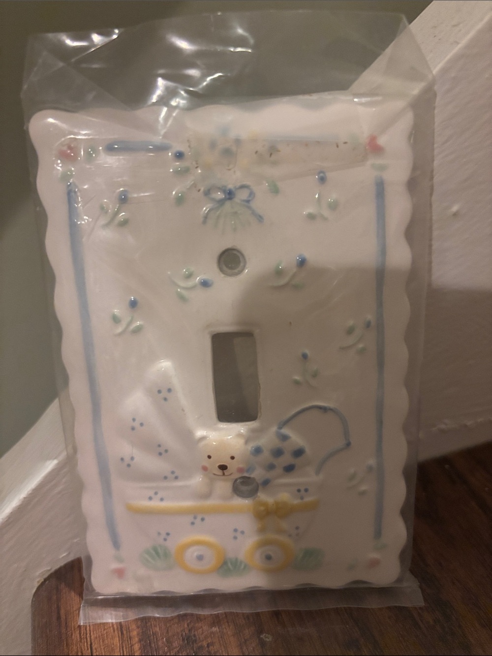 Ceramic Baby Carriage Toggle Light Switch Cover - White with Pastel Accents